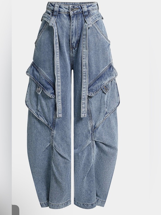 Micas Denim - High-Waist Blue Wide-Leg Cargo Jeans with Belt